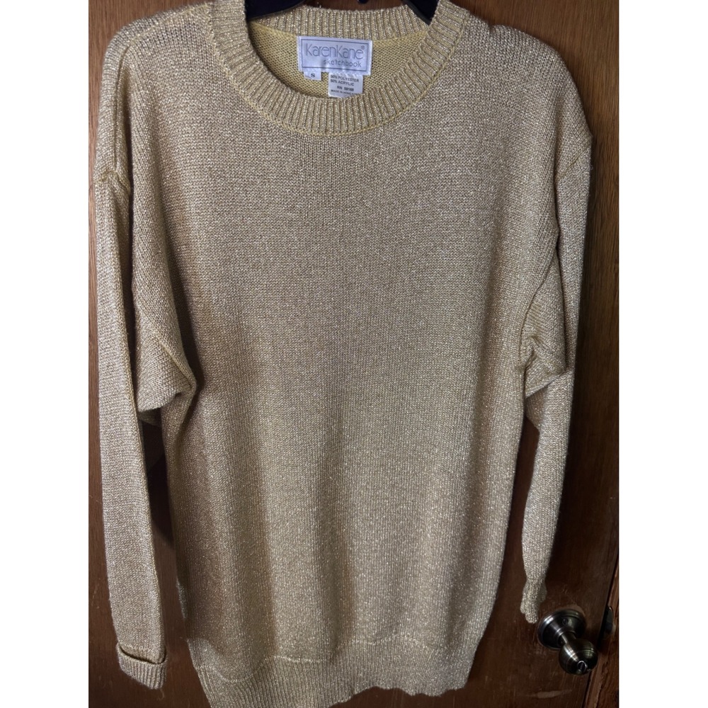 Karen Kane Sketchbook Vintage Gold Metallic Knit Sweater Crew Neck Small 80s 90s